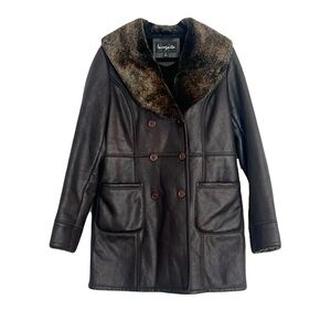 Brown Leather Coat with Faux Fur Collar